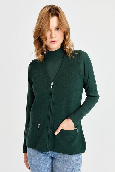 Desen Triko Women's Steel Knit Pocket Zippered Plain Knitwear Vest Green