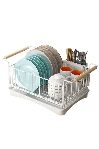 Quasar & Co. Dish Drainer ®, with Cutlery Holder, Wooden Handles, Draining Tray, Metal, 42x30 Cm, White
