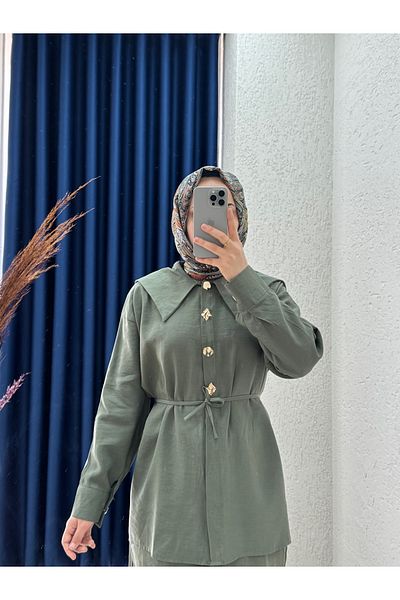 Ebrar Store Morcote Metal Button Pointed Collar Pants Suit-Bn4377 Khaki