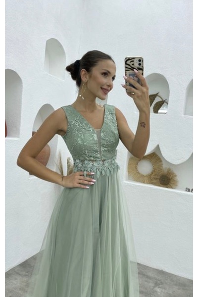 GÜZELLER Φόρεμα με μοτίβο από τούλι με λουράκια στη μέση, φόρεμα για αποφοίτηση, αρραβώνα, γάμο, βραδινό φόρεμα