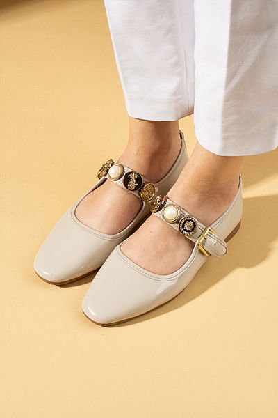 Pembe Potin Women's Ballerinas Beige Patent Leather Buckle Strap Lightweight Comfortable Sole Stylish Casual Shoes