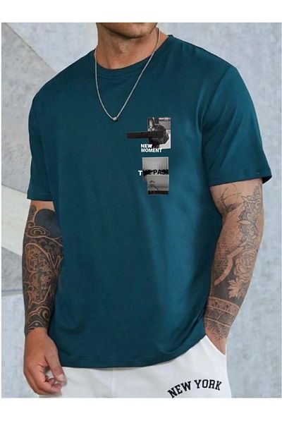 Altamira Tricou unisex, albastru petrol, oversize, cu imprimeu New Moment, cu potrivire largă