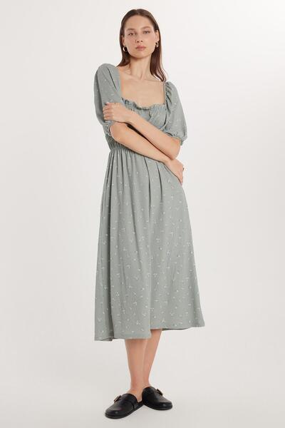 Tudors Γυναικείο φόρεμα με κοντό μανίκι με κοντό μανίκι με τετράγωνο λαιμό