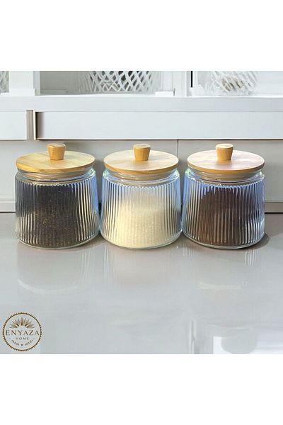 ENYAZA(2024) 3-Piece Bamboo Vacuum Lid Striped Glass Tea Sugar Coffee Salt Pulses Storage Jar 800 ml