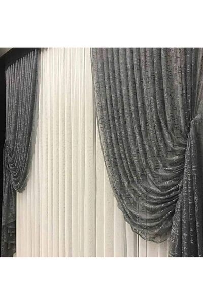 Ceylanlar perde Tül Fon Perde Iki Kanat Büzgülü Gri Şantuk