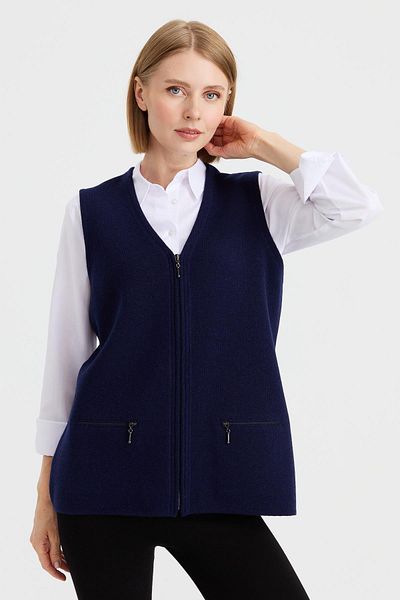 Desen Triko Gilet de tricot simplu pentru femei, din oțel, cu buzunar, cu fermoar Y.a.marine
