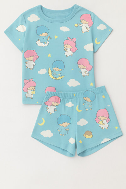 PEMBİŞ HOMEWEAR New Mix Kadın Little Twin Stars Desenli Mavi Şortlu Pijama Takımı - Yazlık Ev Giyim