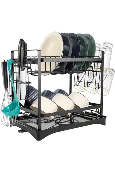 Quasar & Co. Dish Drainer, Knife Holder, Cutlery, Glasses, Draining Tray, 42.5x31x41cm, Metal, Black