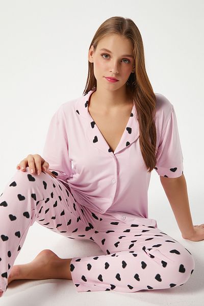 Ritnice Γυναικείο Σετ Πυτζάμες με κοντό μανίκι Lily Soft Texture Pink Heart με κουμπιά μπροστά