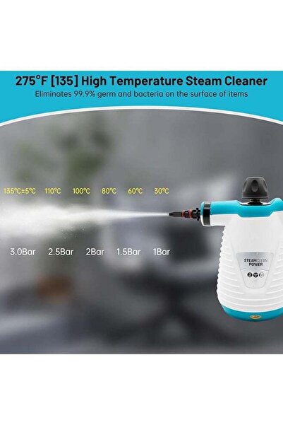 Denx 9-piece handheld steam cleaner set, 350 ml,1050W, fast heating, deep cleaning, with safety lock,blue