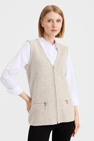 Desen Triko Γυναικείο Πλεκτό Γιλέκο με Ατσάλινο Διχτυωτό Τσέπη V.beige