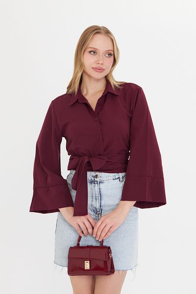 THIFF GYMWEAR Cămașă din popelin cu mâneci largi, burgundă, cu cravată în față