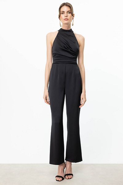 Ekol Sleeveless Satin Jumpsuit Dress Black