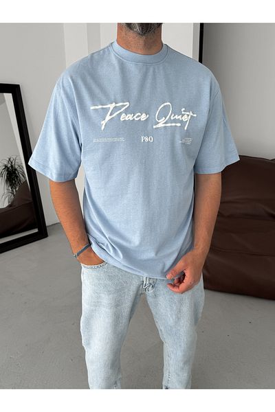 BYBASICMAN Light Blue Peace Printed Oversize T-Shirt Yp-5066