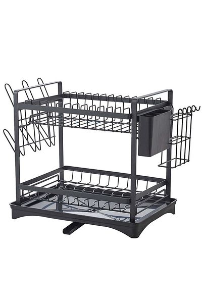 Quasar & Co. Dish Drainer, Knife Holder, Cutlery, Glasses, Draining Tray, 42.5x31x41cm, Metal, Black