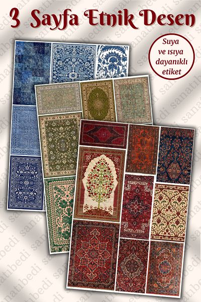 sanatıbedi 3 Sheets Ethnic Pattern Motif Vintage Sticker - Sticker Set for Agenda Laptop Phone Bullet Journal