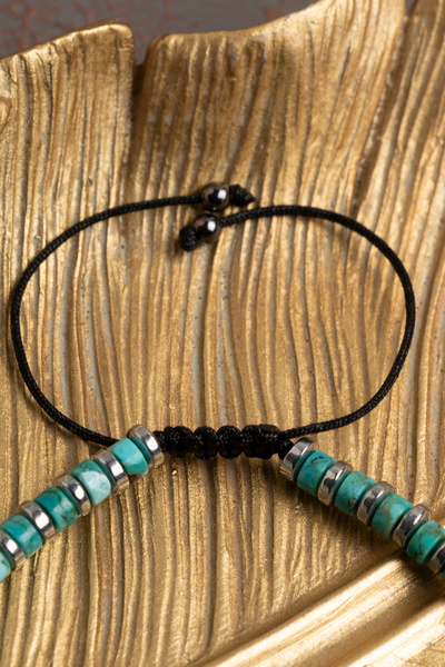 ÇAKRA DOĞAL TAŞ Sertifikalı Turkuaz ve Hematit Doğal Taş Ayarlanabilir Bileklik