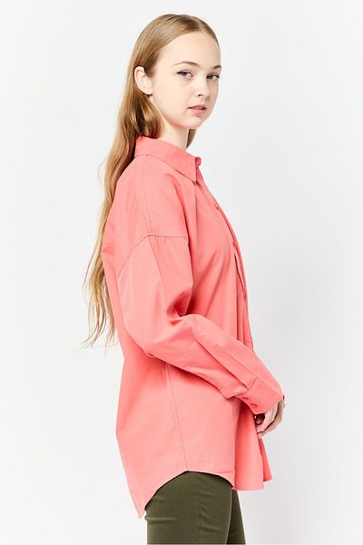 Esprit Women Spread Collar Long Sleeve Plain Shirt, Carrot Red