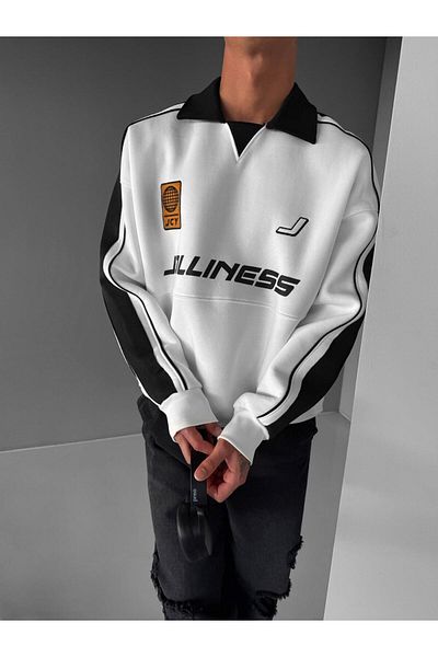 ablukaonline Λευκό ανδρικό φούτερ Polo Neck College Oversize
