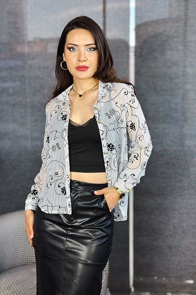 Kübra Tekstil Cămașă elegantă cu mânecă lungă, albă, neagră, cu dungi transparente, din catifea