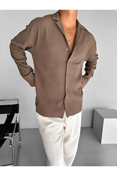 ablukaonline Ανδρικό πουκάμισο Oversize με ριμπ γιακά καφέ