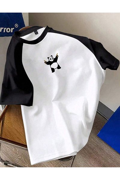 VBSVİBES Panda Minimal Printed Single Jersey White Black Raglan Sleeve T-Shirt - Oversize Crew Neck T-Shirt