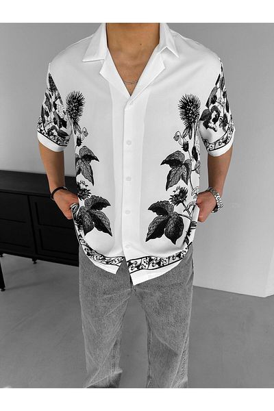 ablukaonline Ανδρικό πουκάμισο εκρού - Oversize Floral Motif, Κουβανέζικος γιακάς, κοντομάνικο