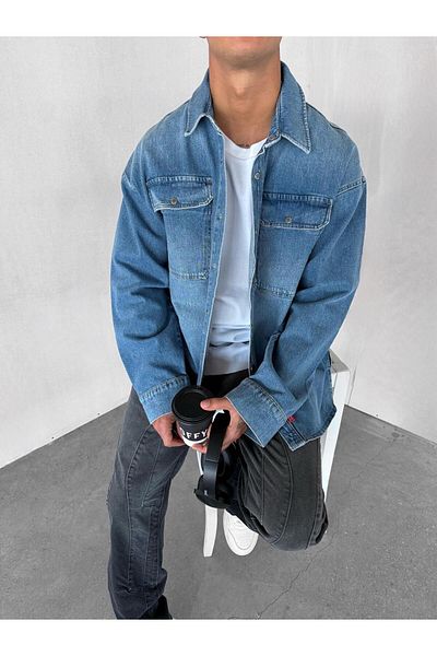 ablukaonline Ανδρικό Premium τζιν πουκάμισο Oversize - Τσέπη, Μπλε