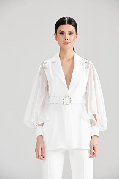 CLIO CLİO KREP KUMAŞ CEKET KOLLARI ORGANZE ŞİFON KEMERLİ PANTOLONLU TAKIM