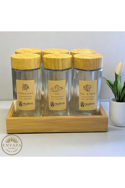 ENYAZA(2024) Set of 6 Bamboo Glass Spice Shakers with Lid and Stand - Salt Shaker and Pepper Shaker Spice Set with Labels 120 ml