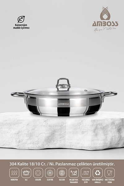 Amboss Saphire Stainless Steel Glass Covered Flat Pot 24 cm