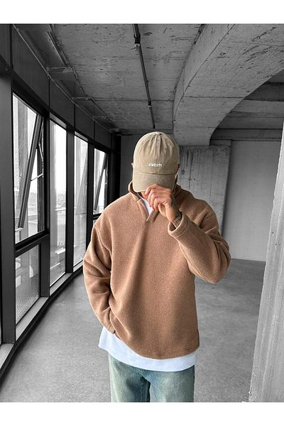 ablukaonline Ανδρικό φούτερ Polo Neck Fleece σε ανοιχτό καφέ χρώμα