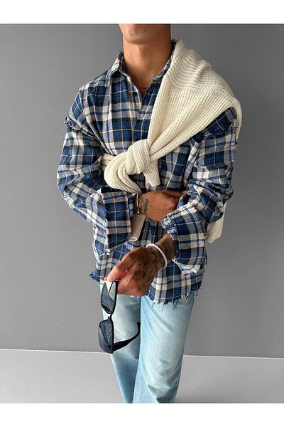 ablukaonline Ανδρικό oversize καρό ριγέ καρό μακρυμάνικο πουκάμισο μπλε