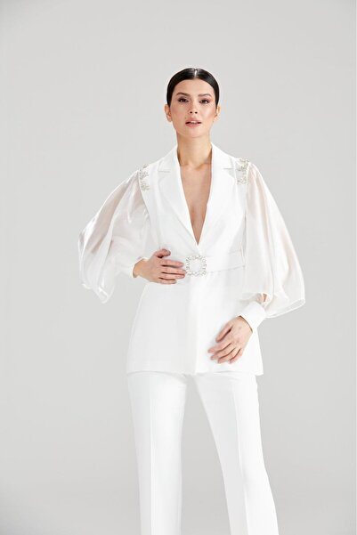 CLIO CLİO KREP KUMAŞ CEKET KOLLARI ORGANZE ŞİFON KEMERLİ PANTOLONLU TAKIM