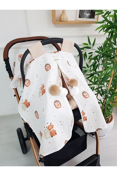 ilkimbebe Fox Big Pompom Double-Sided Zippered Baby Stroller Cover and Double-Sided Stroller Cushion