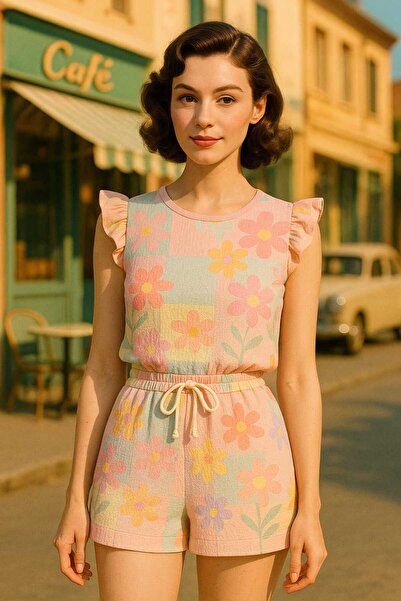 PEMBİŞ HOMEWEAR Retro Model Pembe Renkli Çiçekli Bürümcük Şort Takımı