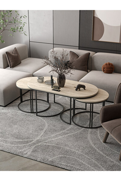 GOLDFALEZ Orta Sehpa Zigon Sehpa Yan Sehpa 3 Lü Set Dolunay Traverten