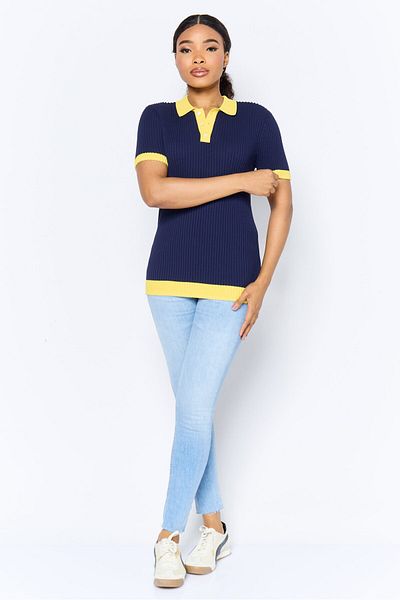 Esprit Women Regular Fit Short Sleeve Ribbed Polo Shirt, Navy