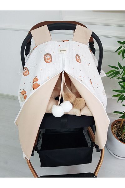 ilkimbebe Fox Big Pompom Double-Sided Zippered Baby Stroller Cover and Double-Sided Stroller Cushion
