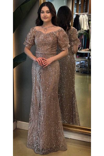 Abiyeniall Rochie de seară lungă, bej, cu mâneci cu balon, cu dantelă, cu croială dreaptă, argintie 7278