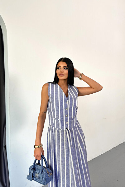 modaserdem Blue Linen Striped Vest and Long Ethic Suit
