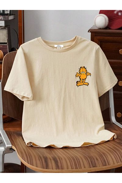 VBSVİBES Garfield Front Back Printed Kids Beige T-Shirt- Girls Boys Summer Crew Neck T-Shirt