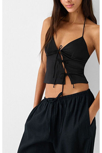 quella atelier Dekolteli Ip Bağlamalı Crop Bluz