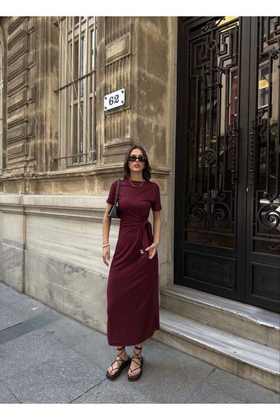 Aymood Rochie lungă cu mânecă scurtă, cu mânecă scurtă, din țesătură moale, texturată, cu curea - Bordeaux