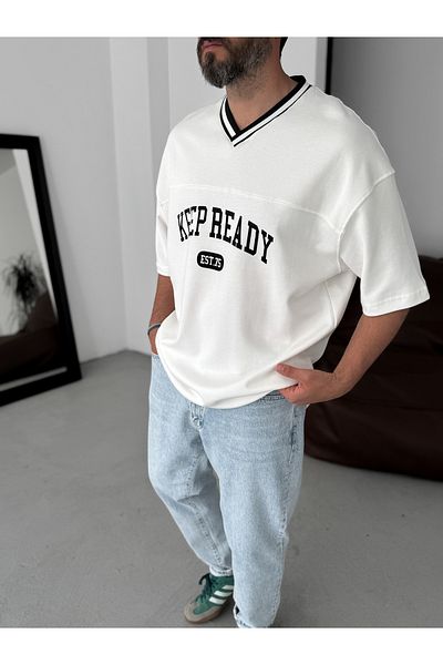 BYBASICMAN White Keep Ready V-Neck Oversize T-Shirt Pm-061