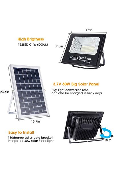 Generic Roska 60W Solar LED Flood Light, IP65 Waterproof, Dusk to Dawn, Remote Control Outdoor Lamp