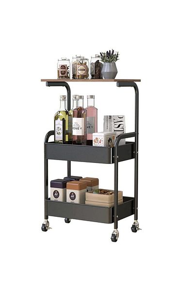 Quasar & Co. Kitchen Shelf, ®, With Wheels, 43.9x30.4x73.9 Cm, Metal/Wood, Black-Natural