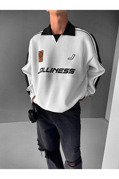 ablukaonline Λευκό ανδρικό φούτερ Polo Neck College Oversize