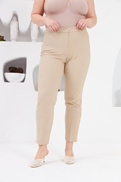 RMG Pocket Detailed Large Size Fabric Trousers Cream