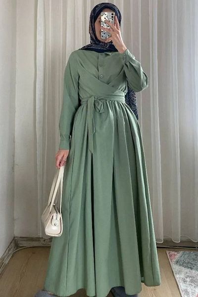 Tesettür Diyarı Φόρεμα Hijab από ύφασμα Tricot με λεπτομέρεια με κορδόνια